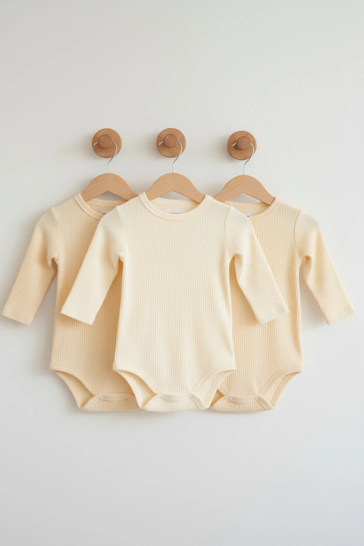 Fitilli Kumaş %100 Pamuk Uzun Kollu Çıtçıtlı 3'lü Sarı Bebek Body/Zıbın