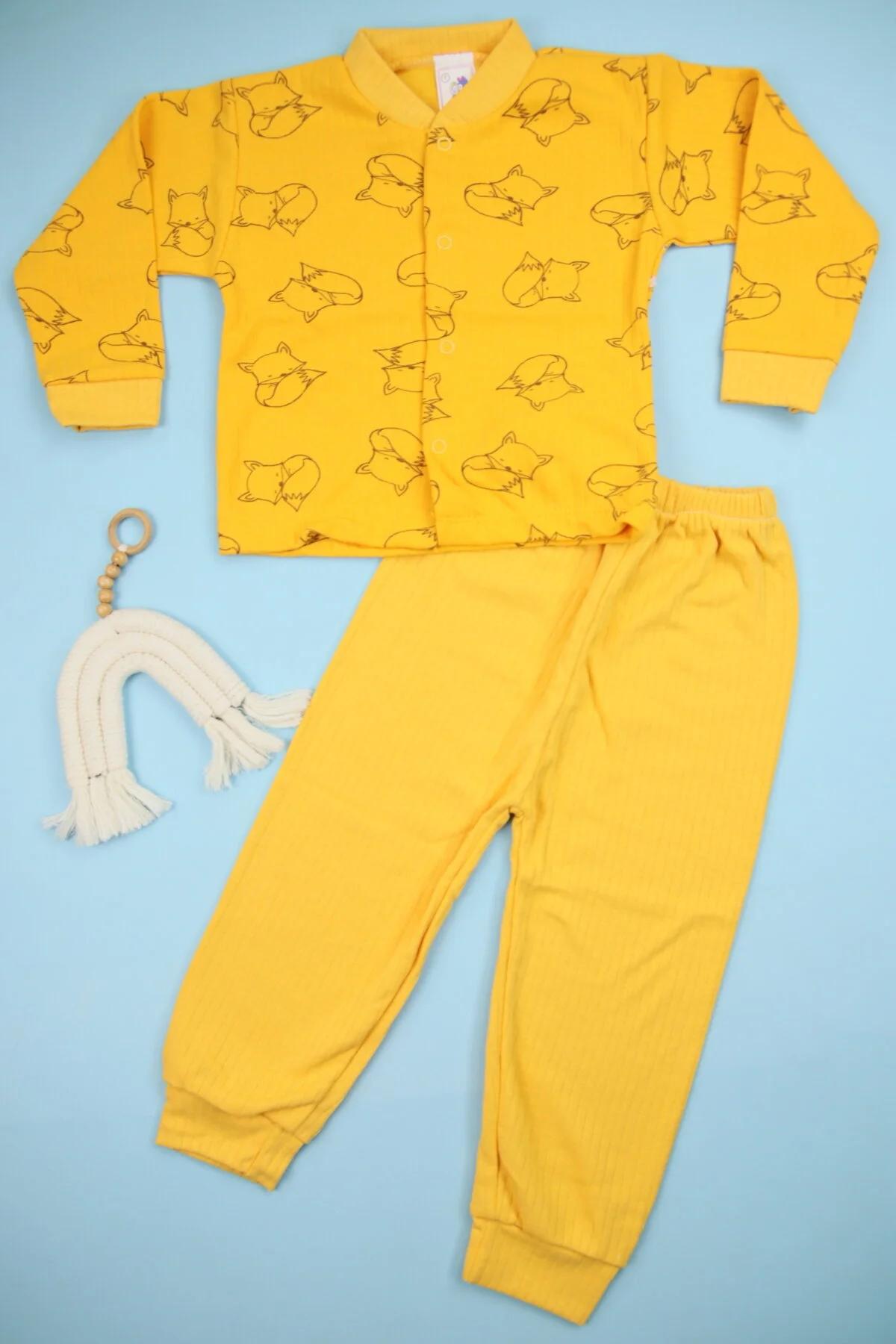Sevimli Tilki Desenli % 100 Pamuk İnce Fitilli Kumaş Geniş Kalıp Çocuk Pijama Takımı