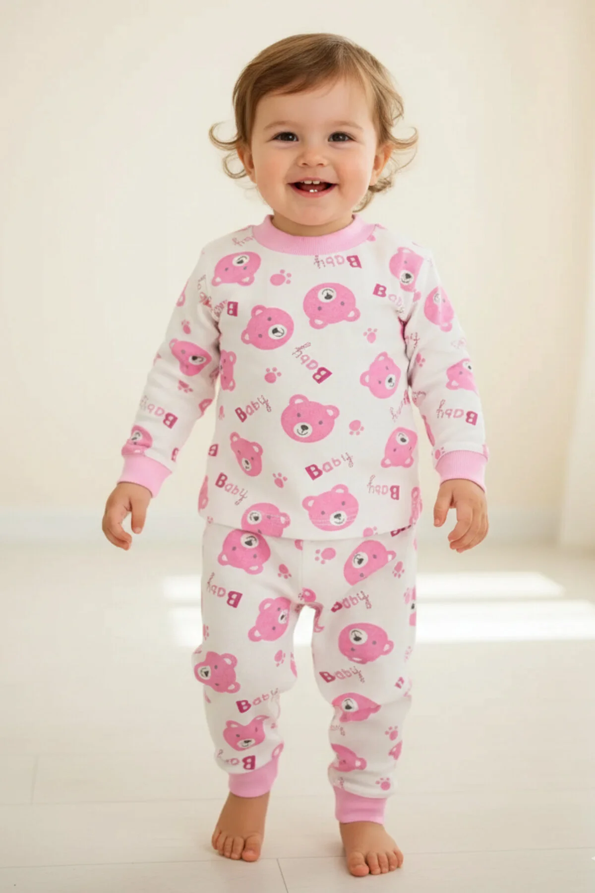 Sevimli Ayıcık Desenli % 100 Pamuk 2'li Pembe Kız Çocuk Pijama Takımı