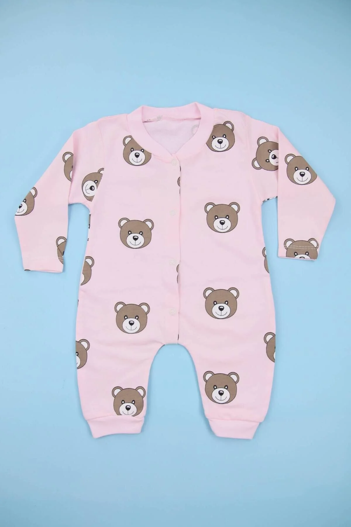 Bear Ayıcık Desenli Pembe %100 Pamuk Manşetli (Patiksiz) Bebek Tulum