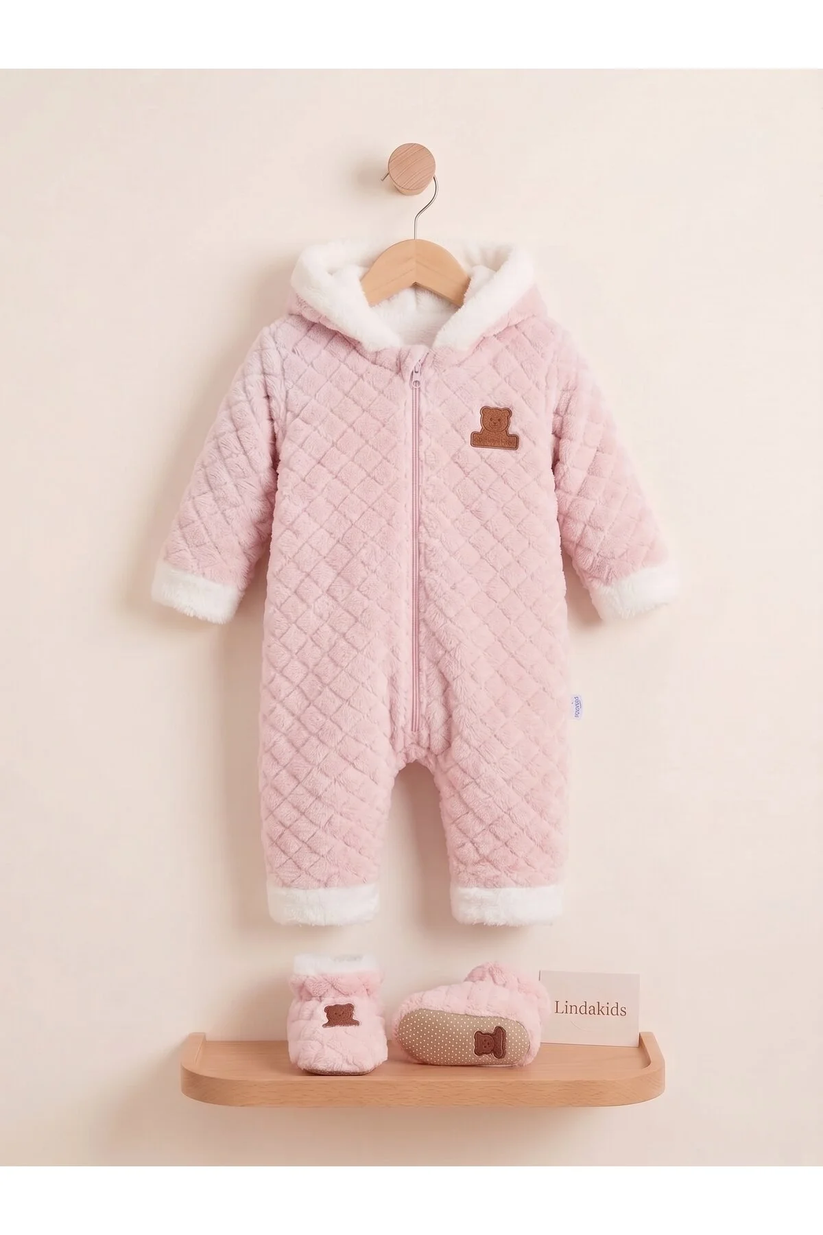 Önden Fermuarlı Peluş Kabartmalı Kapüşonlu Yumuşak ( EXTRA PATİKLİ) Bebek Tulum/Takım