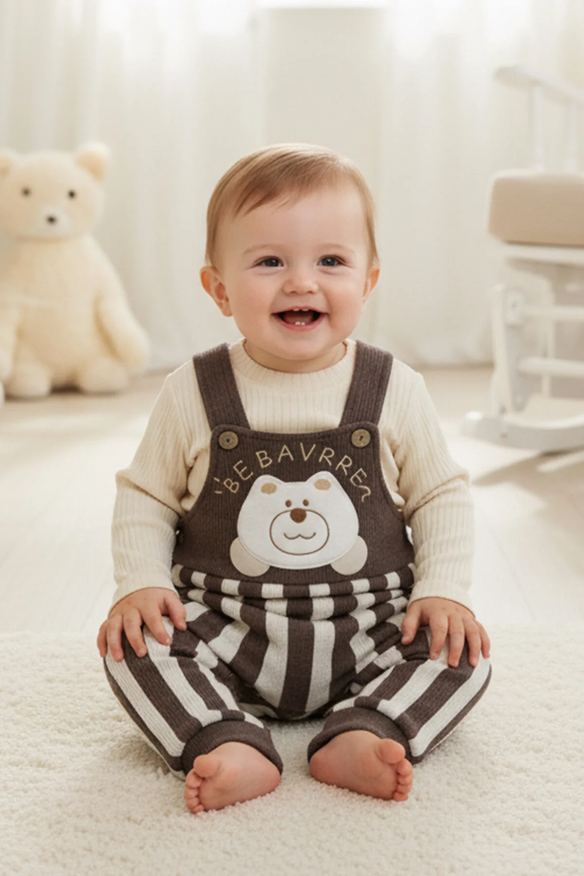 Önü Nakışlı Ahşap Düğmeli % 100 Organik Pamuk Bebek Salopet Takım 6-12-18-24 Ay