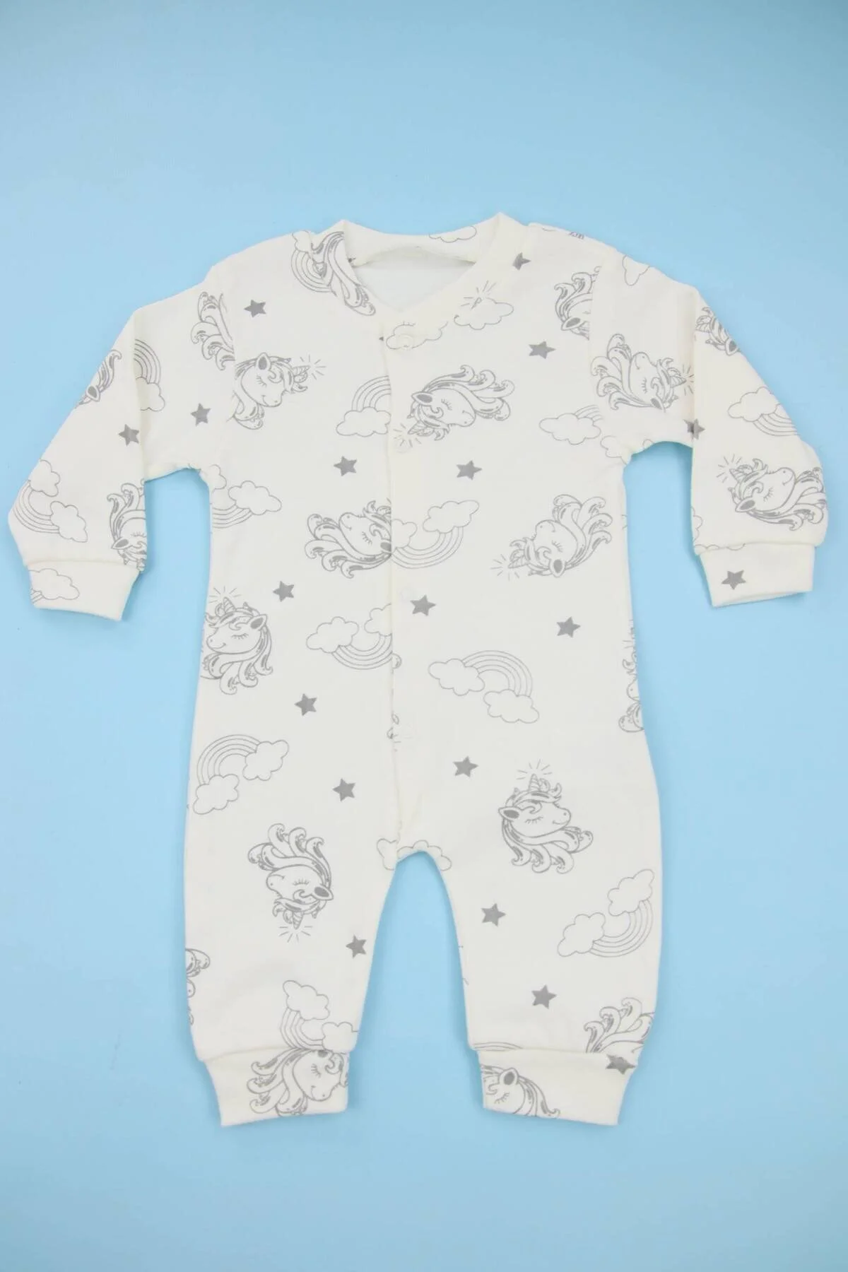 Unicorn Desenli Ekru %100 Pamuk Manşetli (Patiksiz) Kız Bebek Tulum