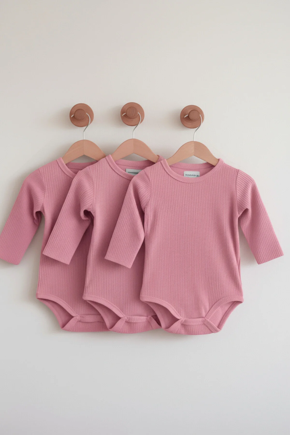 Fitilli Kumaş %100 Pamuk Uzun Kollu Çıtçıtlı 3'lü Pembe Bebek Body/Zıbın