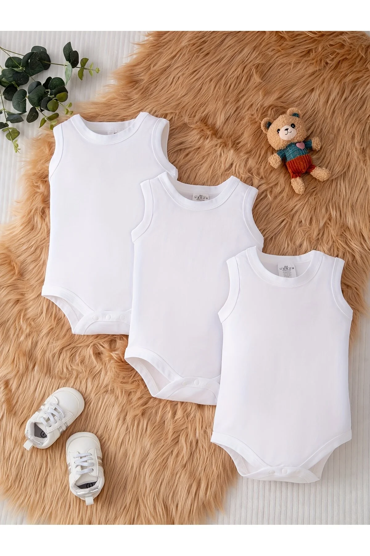 % 100 Organik Pamuk 3'lü Ribana Beyaz Düz Kumaş Çıtçıtlı Bebek Atlet Body/Zıbın