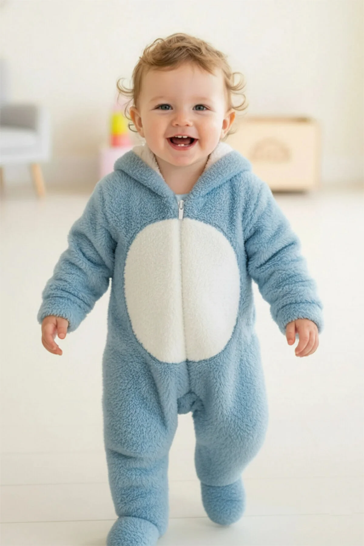 Peluş Tavşan Kulaklı Önden Fermuarlı Patikli Welsoft Kumaş Peluş Bebek Tulum