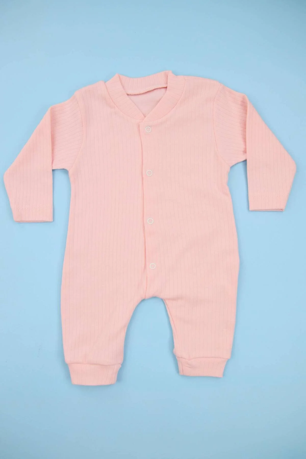 Fitilli Kumaş %100 Pamuk Pembe Manşetli (Patiksiz) Kız Bebek Tulum