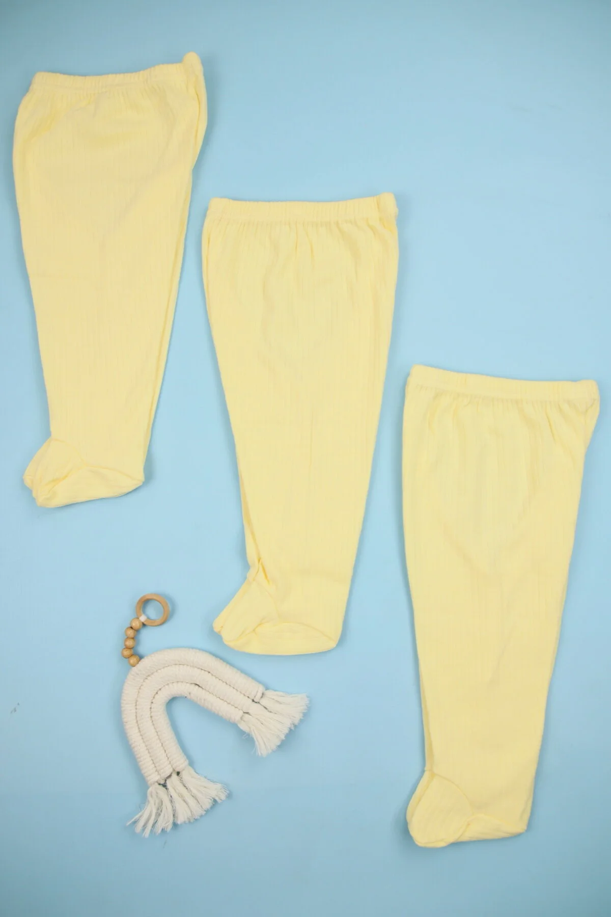 Fitilli Kumaş %100 Pamuk 3'lü Patikli Sarı Bebek Tek Alt Seti, Bebek Pijama Altı