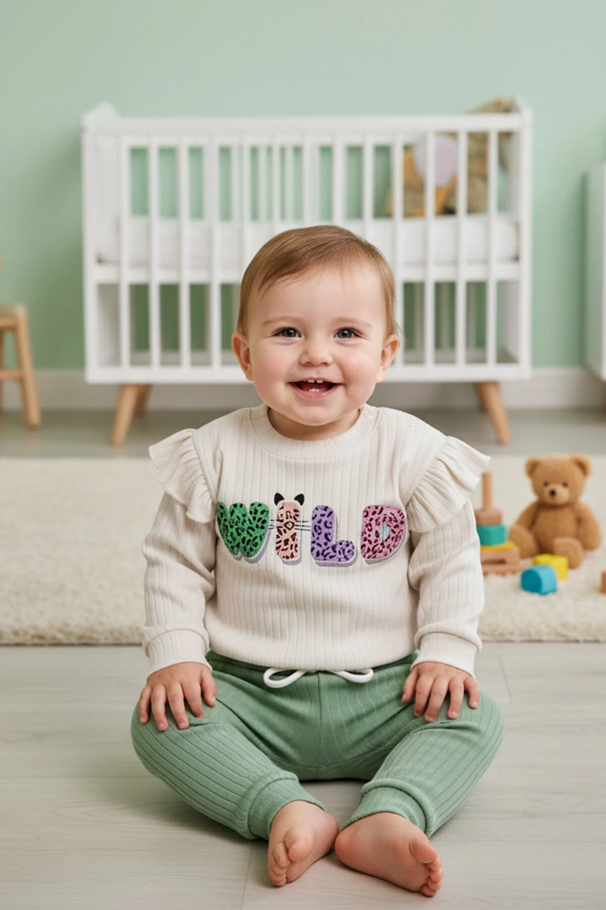 Fitilli Kumaş % 100 Pamuk Omuzdan Çıtçıtlı Wild Baskılı Kız Bebek Takım 12-18-24 Ay