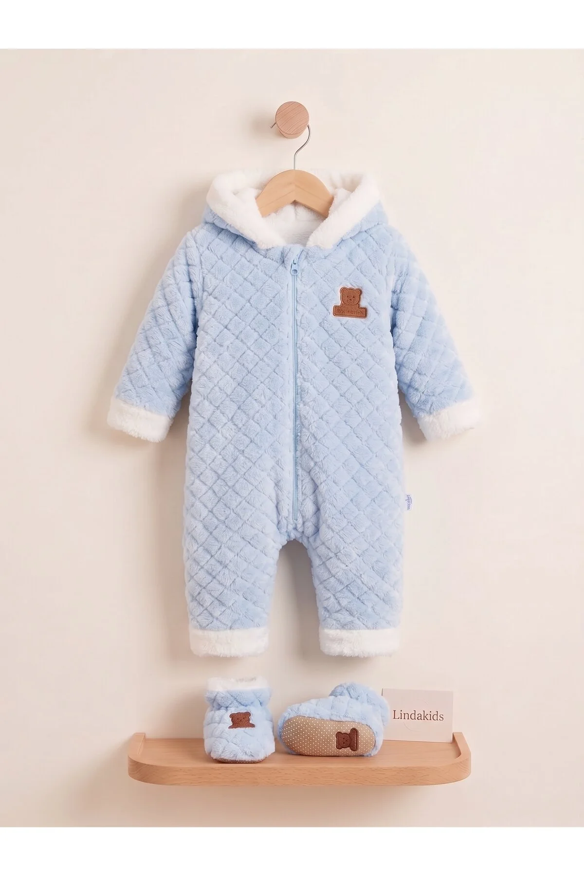 Önden Fermuarlı Peluş Kabartmalı Kapüşonlu Yumuşak ( EXTRA PATİKLİ) Bebek Tulum/Takım