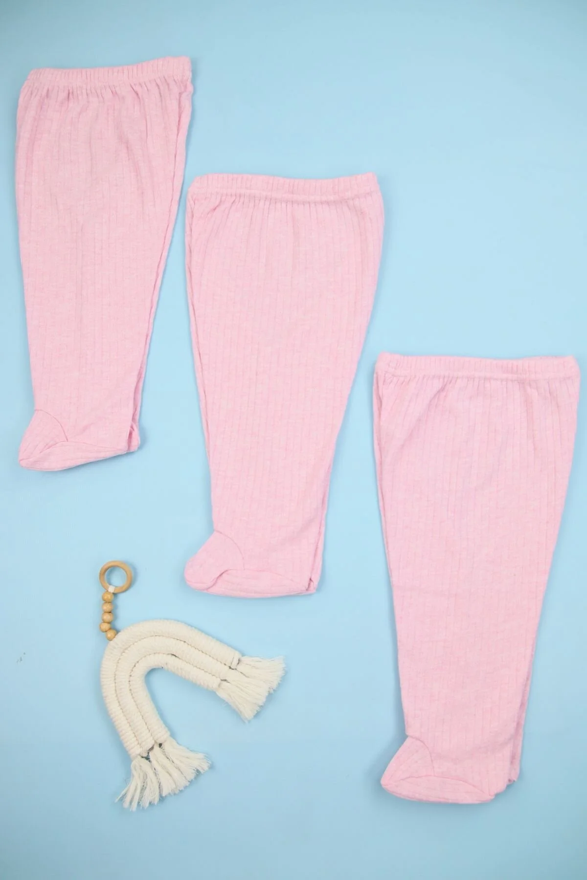 Fitilli Kumaş %100 Pamuk 3'lü Patikli Pembe Bebek Tek Alt Seti, Bebek Pijama Altı