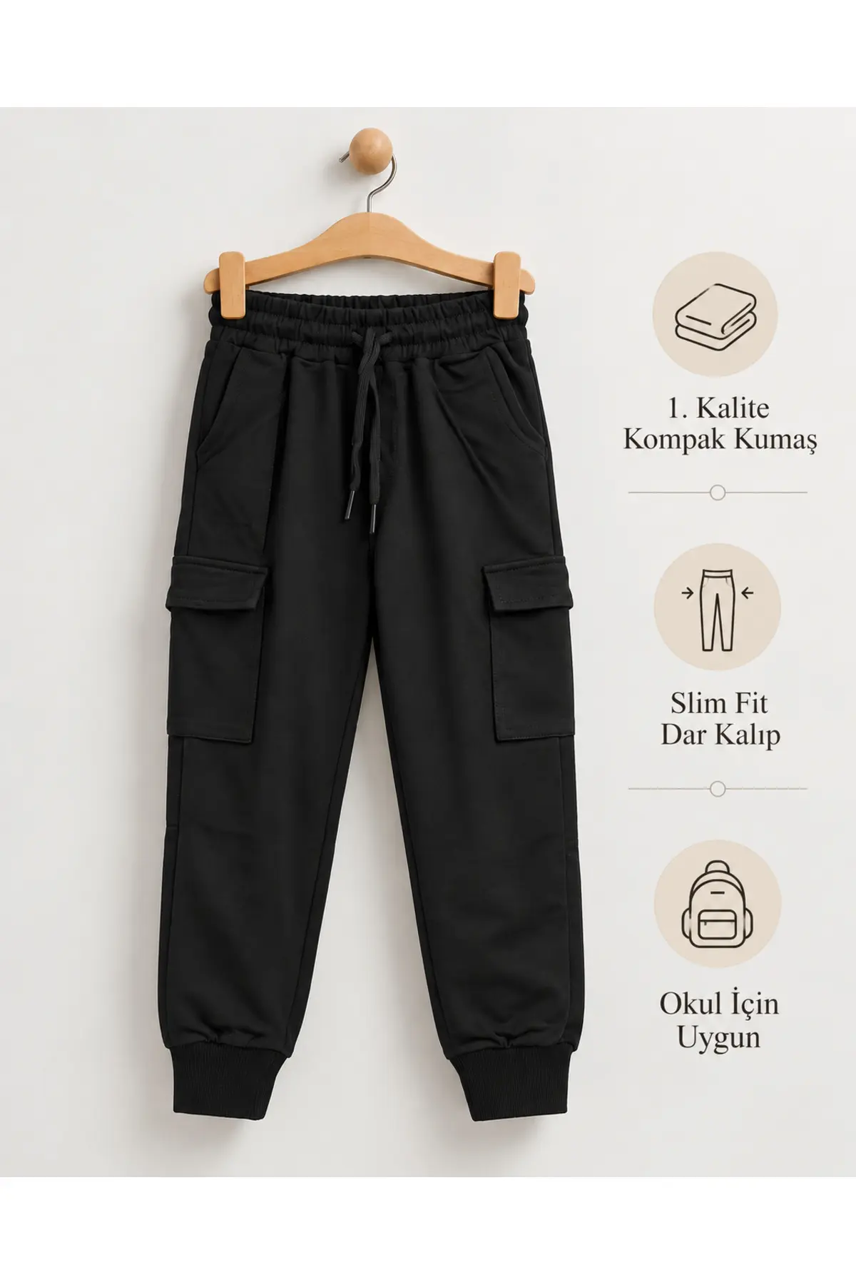 1. Kalite Kompak Kumaş Kargo Cepli Slim Fit (DAR KALIP) Unisex Çocuk Eşofman Altı