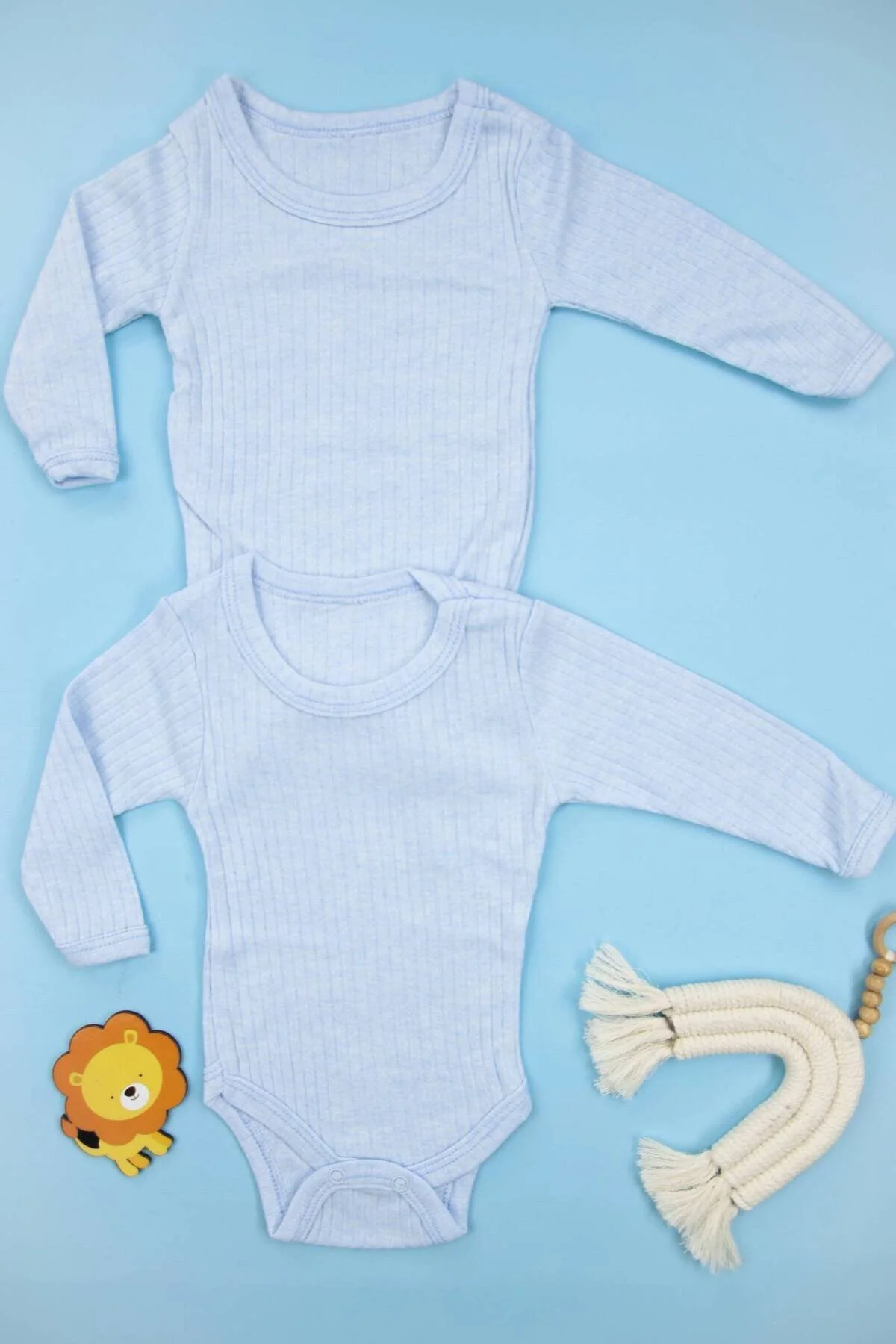Fitilli Kumaş %100 Pamuk Uzun Kollu Çıtçıtlı 2'li Mavi Bebek Body/Zıbın -