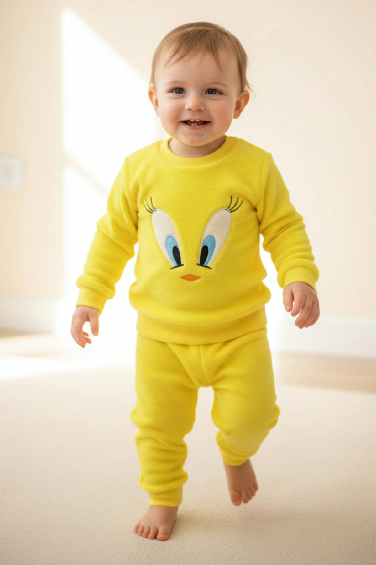 Tweety Nakışlı Welsoft Polar Sarı Civciv Desenli Kız Bebek Alt Üst Takım