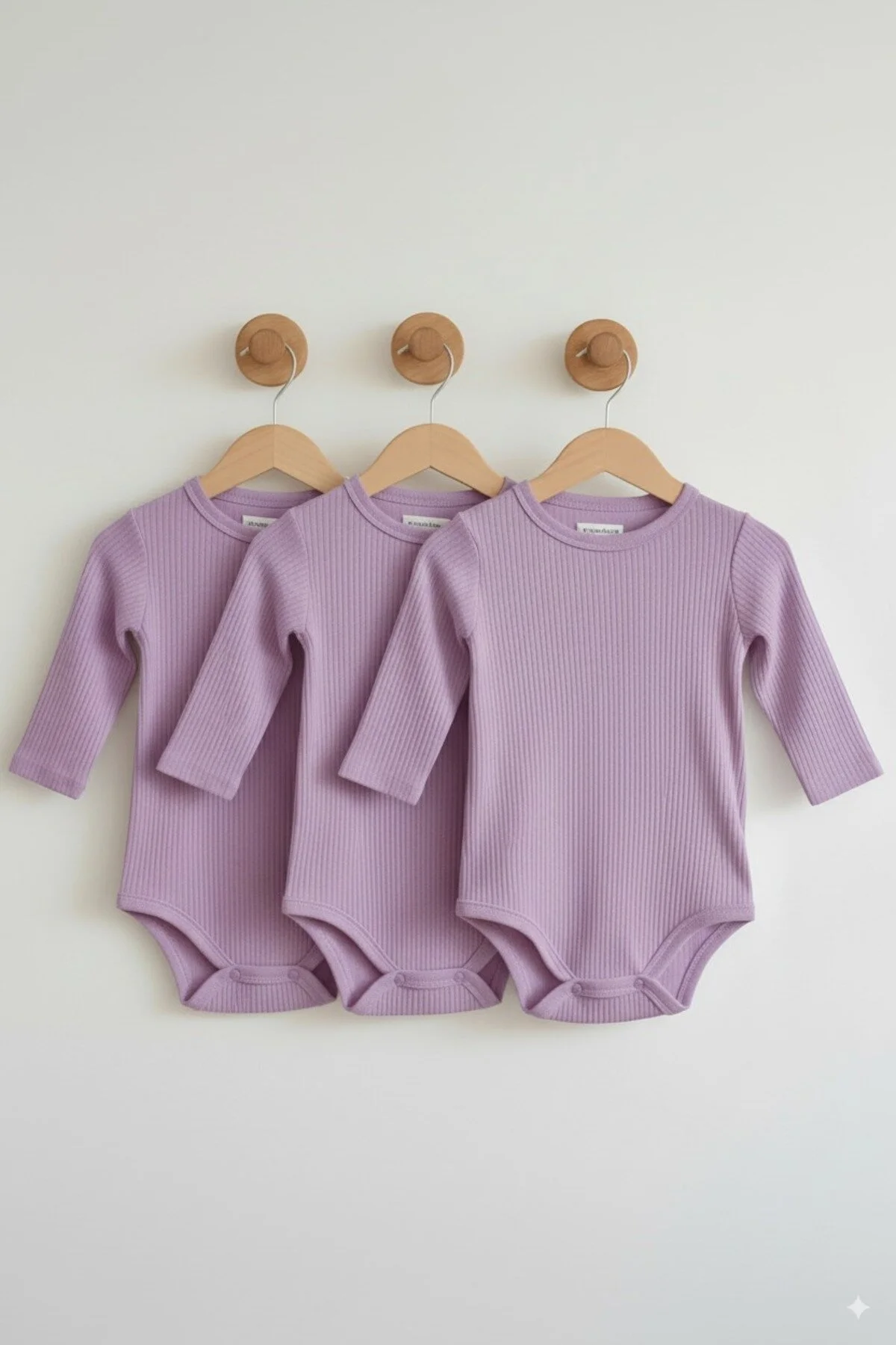 Fitilli Kumaş %100 Pamuk Uzun Kollu Çıtçıtlı 3'lü Lila Bebek Body/Zıbın