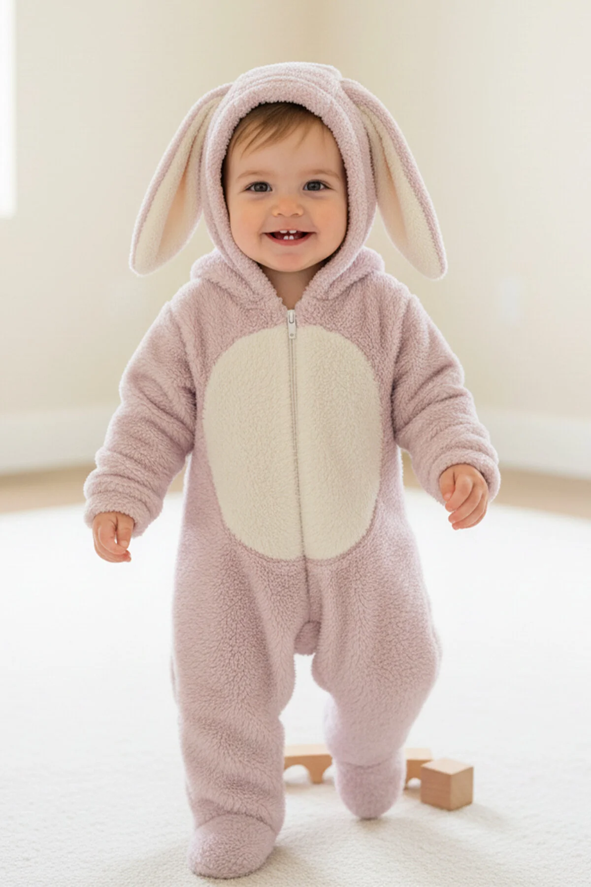 Peluş Tavşan Kulaklı Önden Fermuarlı Patikli Welsoft Kumaş Peluş Bebek Tulum
