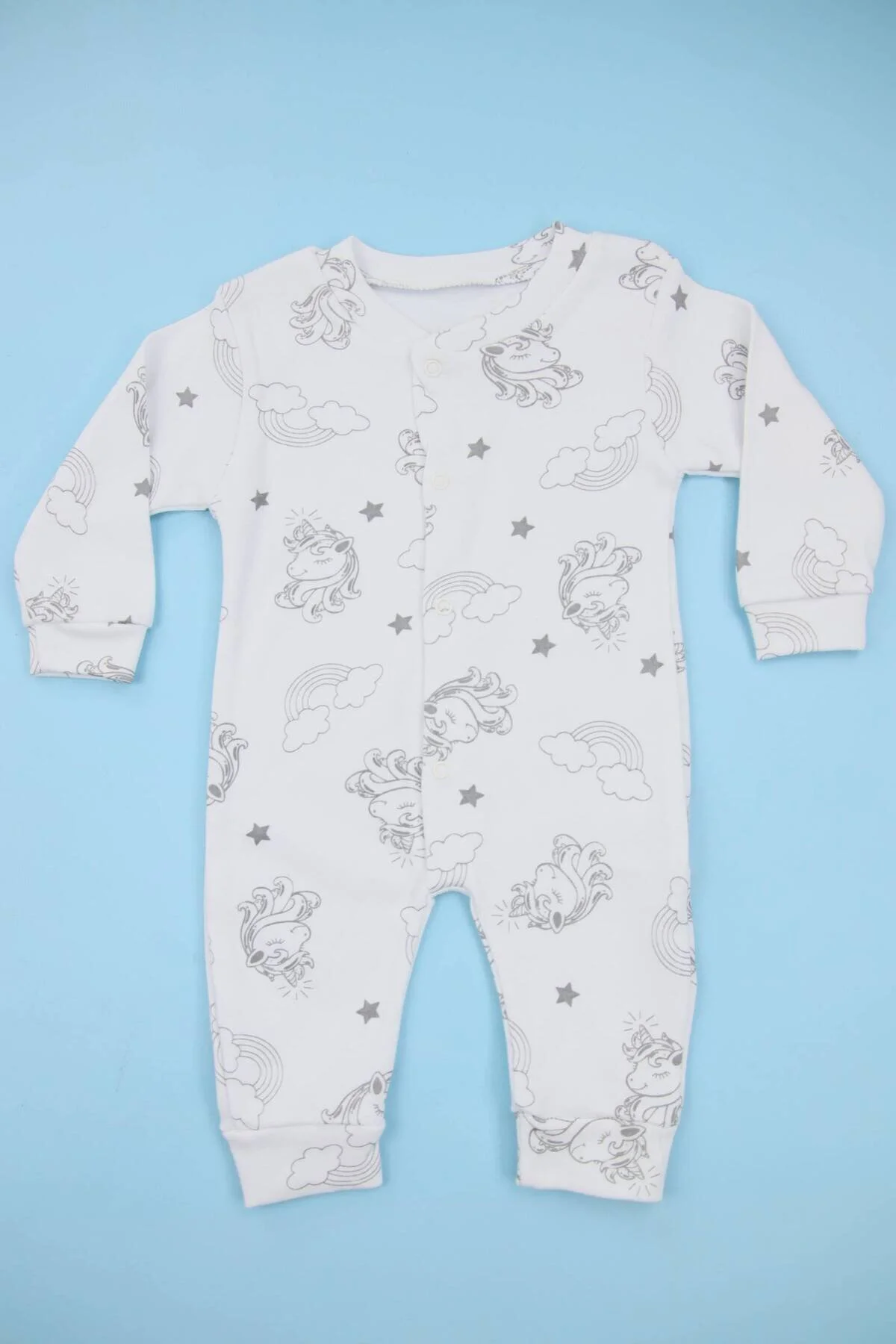 Unicorn Desenli Beyaz %100 Pamuk Manşetli (Patiksiz) Kız Bebek Tulum
