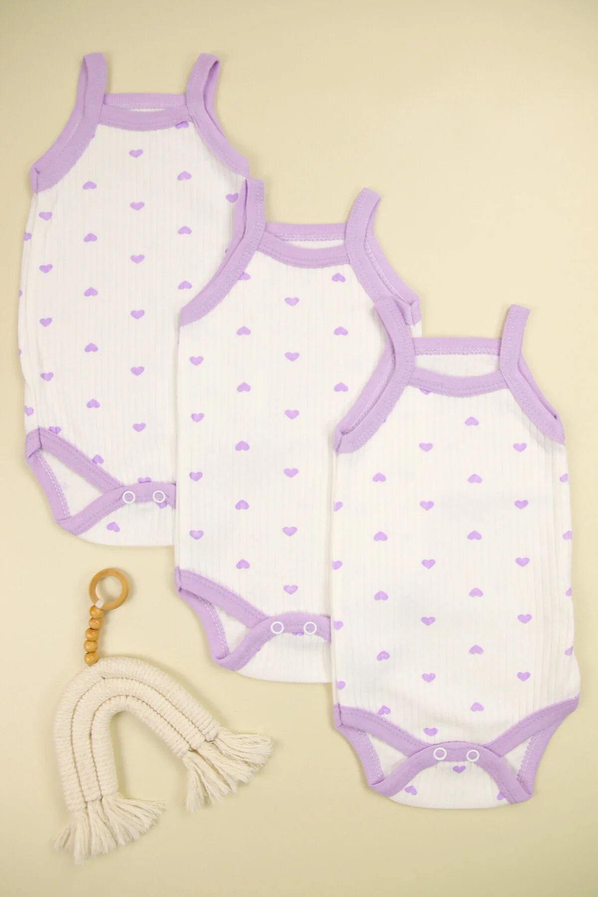 Fitilli Kumaş % 100 Pamuk Kalp Desenli İp Askılı Çıtçıtlı 3'lü Kız Bebek Body/Zıbın