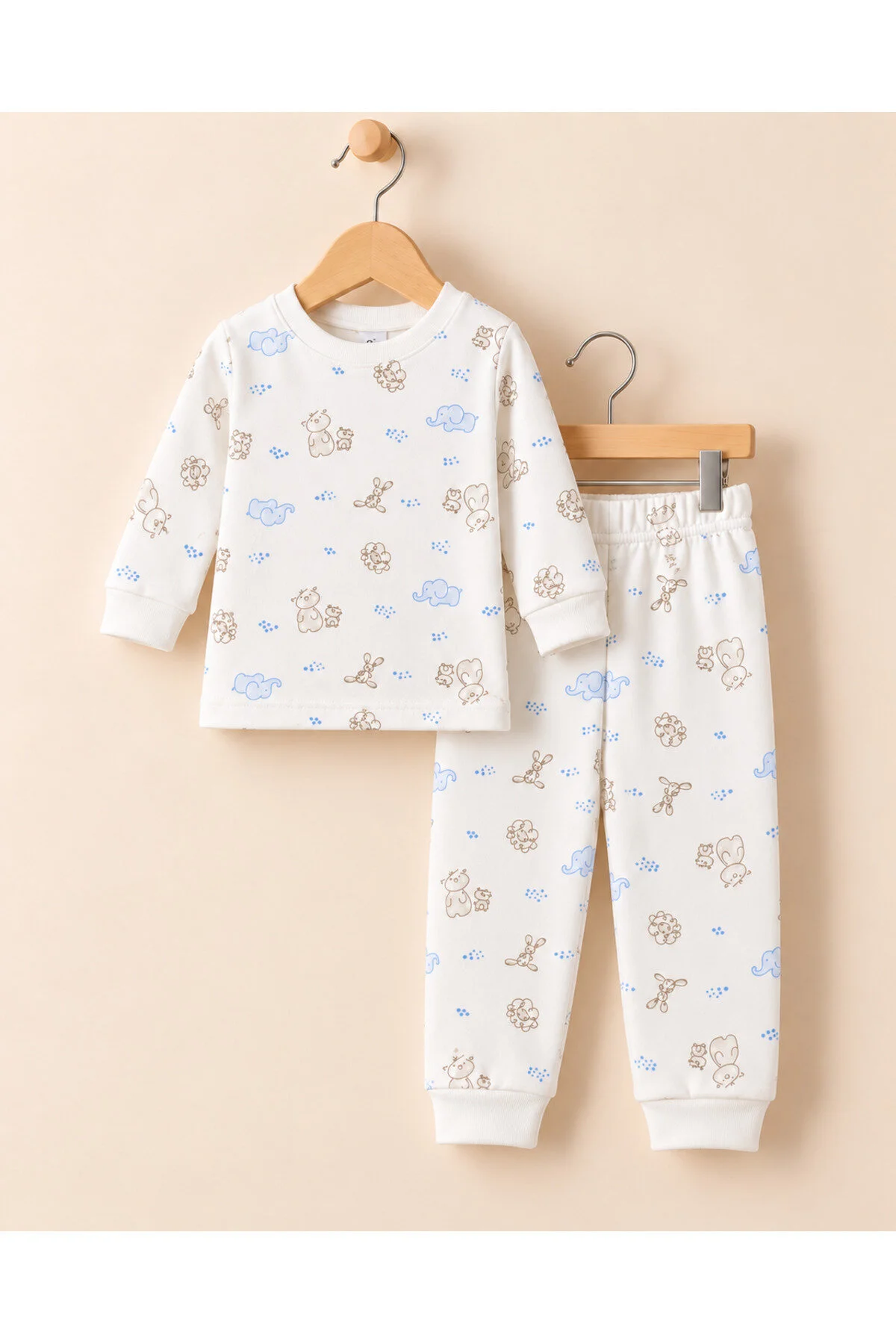 Minik Palamut-Fil-Ayıcık Desenli % 100 Pamuk Yumuşak 6-24 Ay Bebek Pijama Takımı