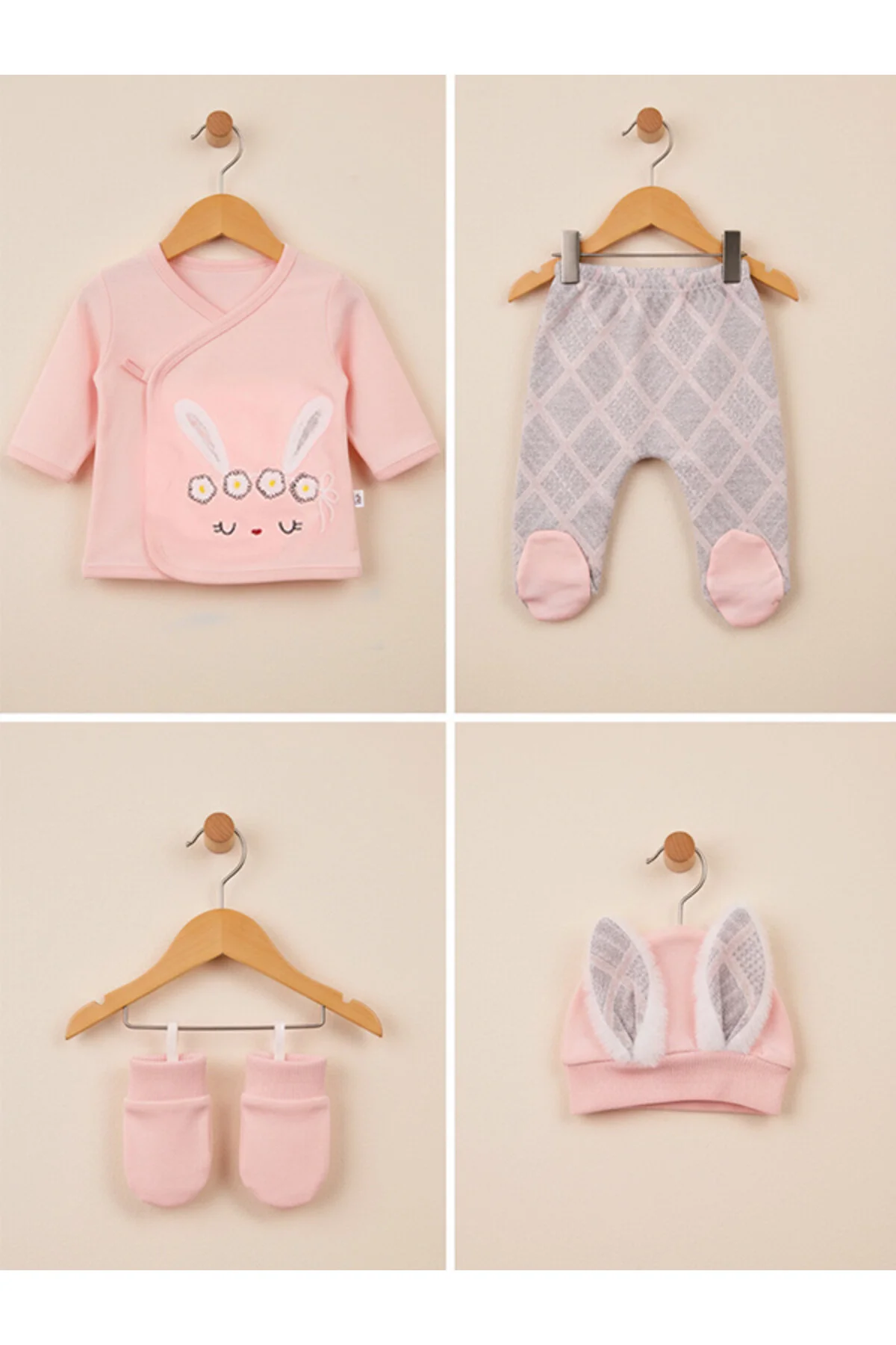 Peluş Tavşan Kulaklı Papatya Nakışlı Pembe 5'li Kız Yenidoğan Takım