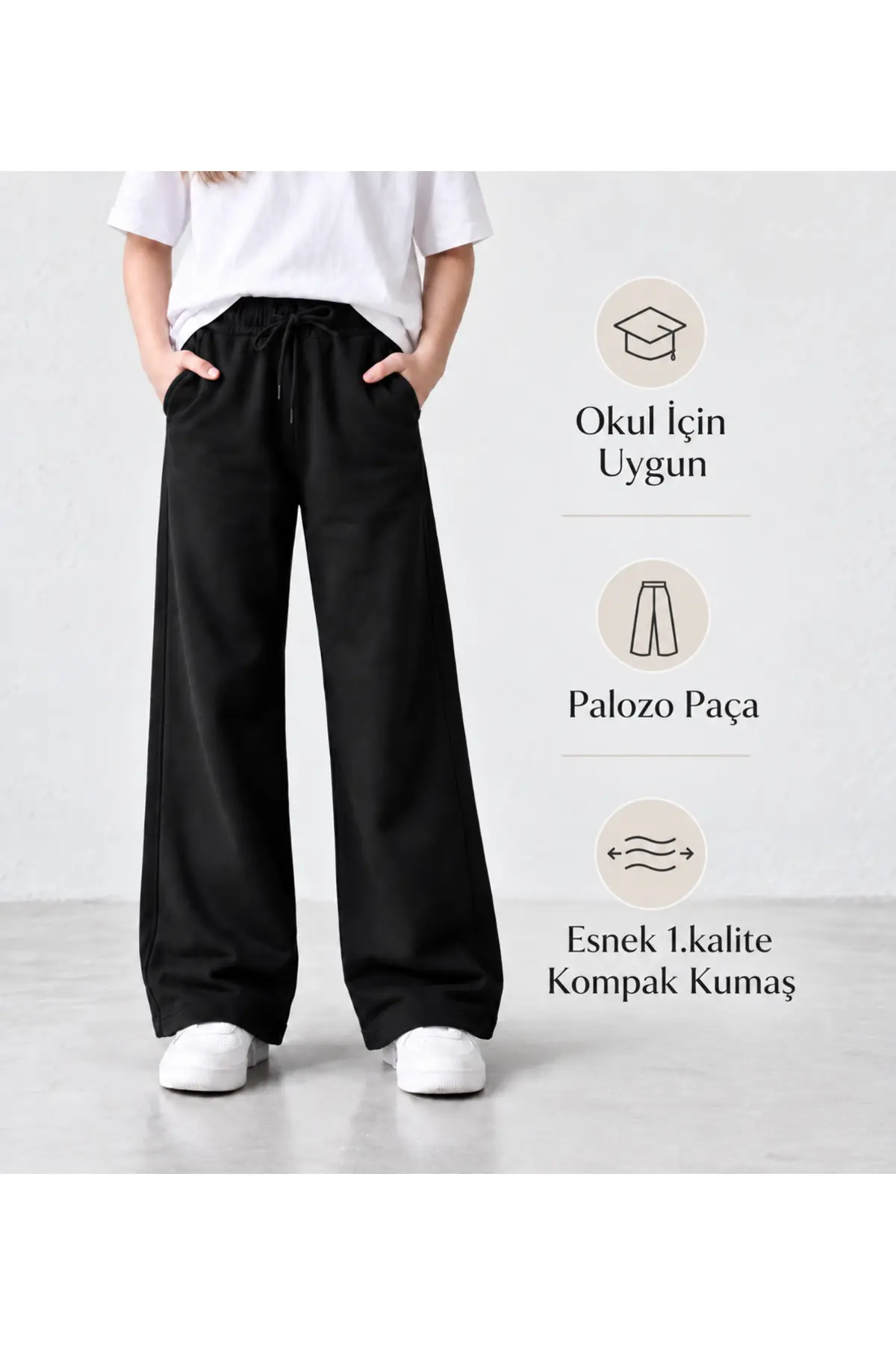 1. Kalite Kompak Kumaş Geniş PALOZO Paça Okul Pantolonu Beli Lastikli Spor Eşofman Altı