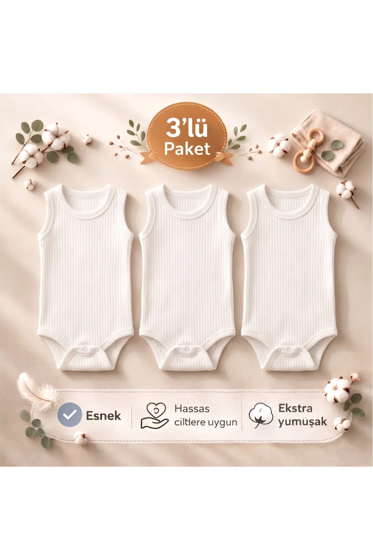 Fitilli/Raporlu Kumaş % 100 Pamuk Kalın Askılı Çıtçıtlı 3'lü Beyaz Ribana Bebek Atlet/Body/Zıbın