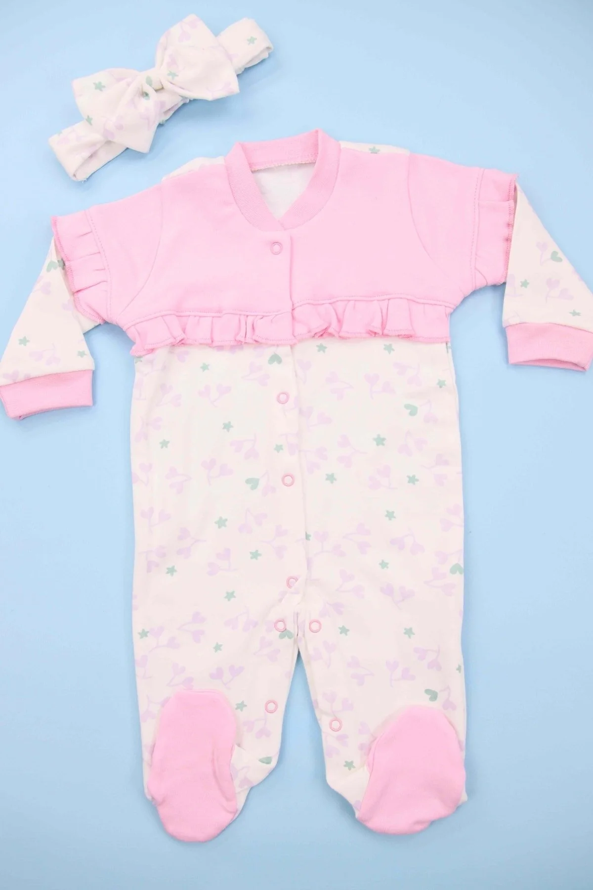 Bandanalı Fırfırlı Soft Pembe Kız Bebek Tulum