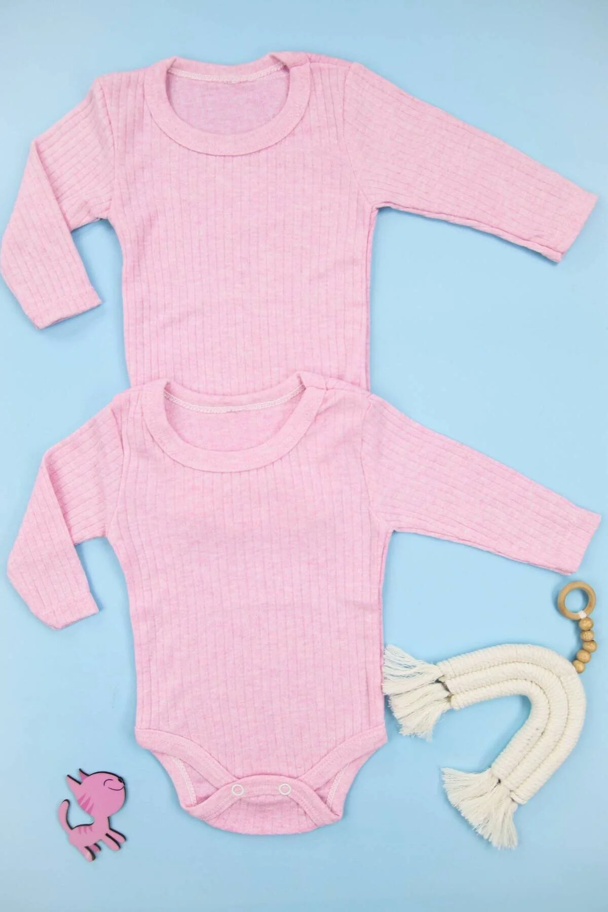 Fitilli Kumaş %100 Pamuk Uzun Kollu Çıtçıtlı 2'li Pembe Bebek Body/Zıbın