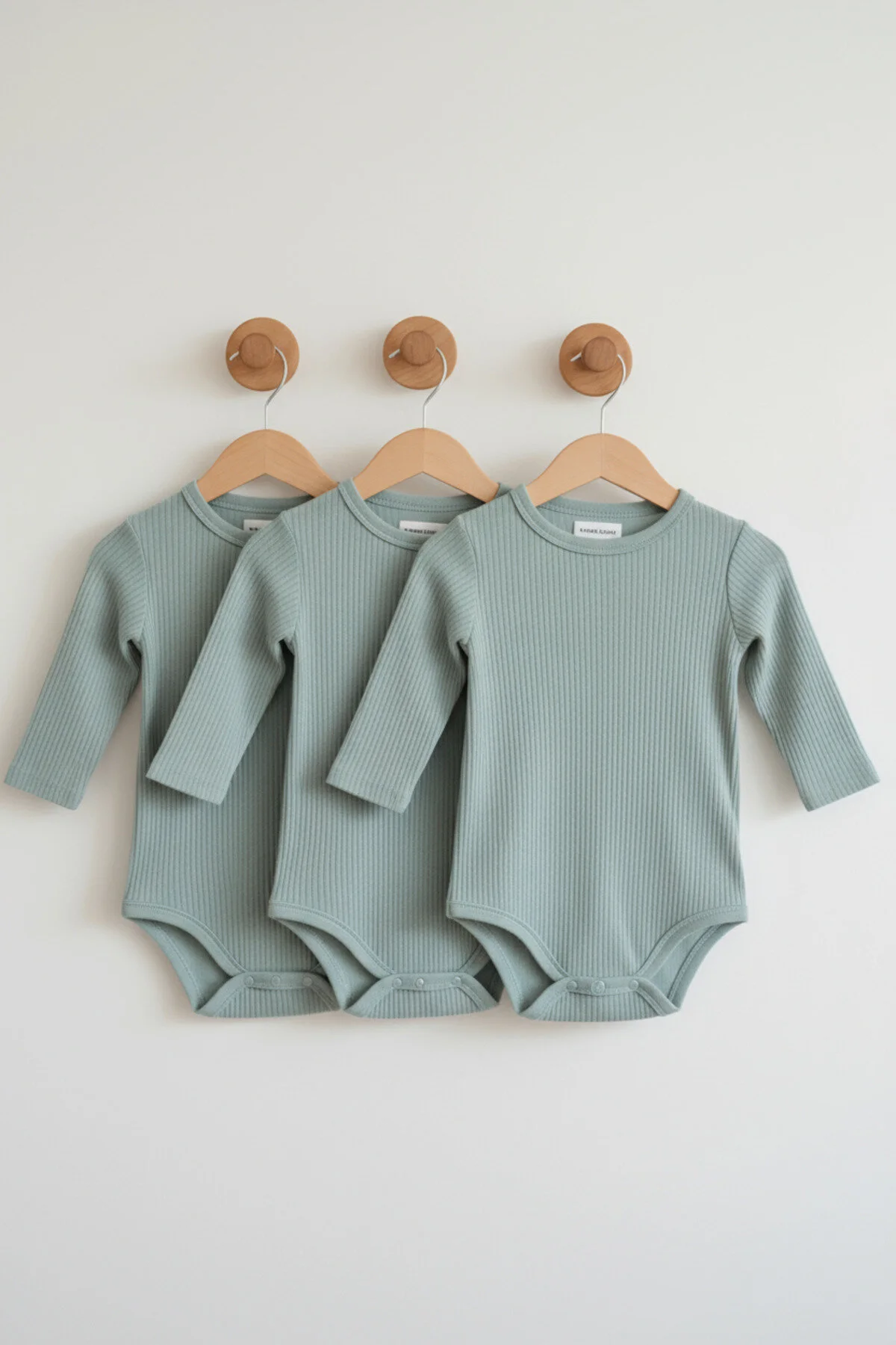Fitilli Kumaş %100 Pamuk Uzun Kollu Çıtçıtlı 3'lü Yeşil Bebek Body/Zıbın