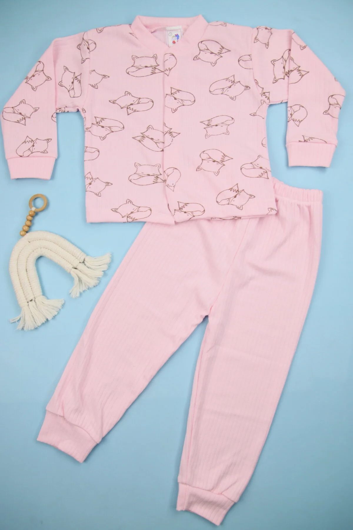 Sevimli Tilki Desenli % 100 Pamuk İnce Fitilli Kumaş Geniş Kalıp Çocuk Pijama Takımı