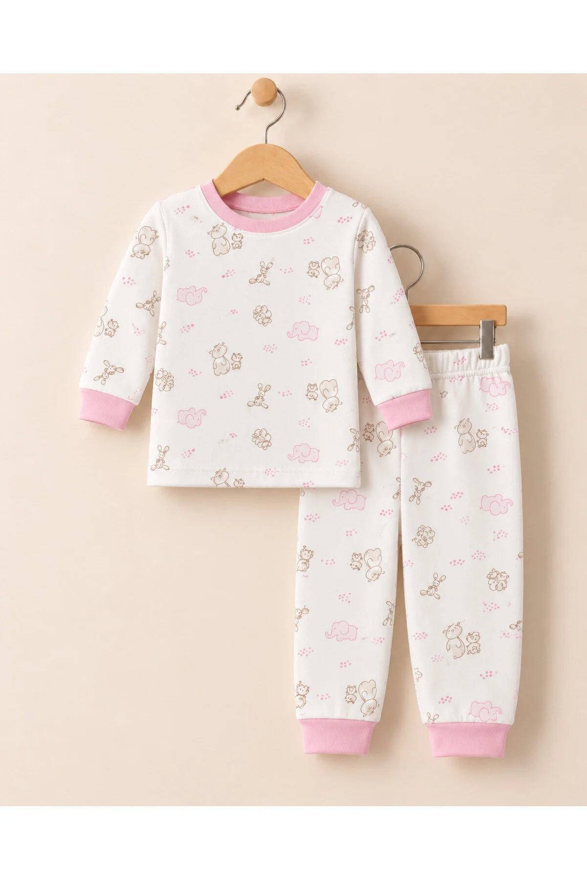 Minik Palamut-Fil-Ayıcık Desenli % 100 Pamuk Yumuşak 6-24 Ay Bebek Pijama Takımı