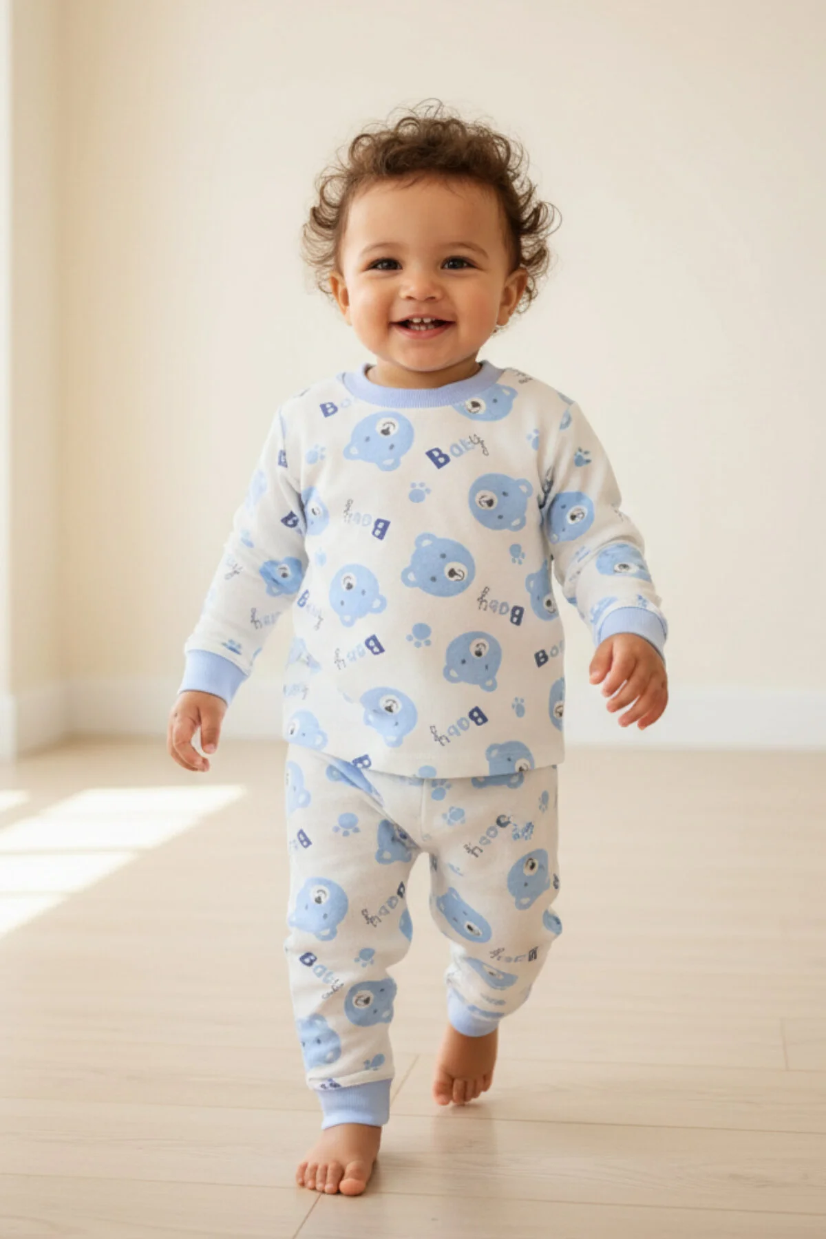 Sevimli Ayıcık Desenli % 100 Pamuk 2'li Mavi Erkek Çocuk Pijama Takımı