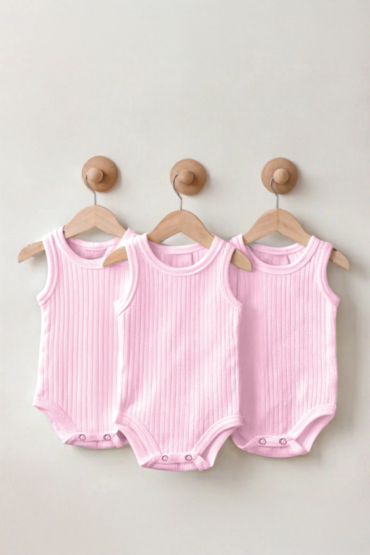 Fitilli Kumaş % 100 Pamuk Kalın Askılı Çıtçıtlı 3'lü Pembe Bebek Body/Zıbın