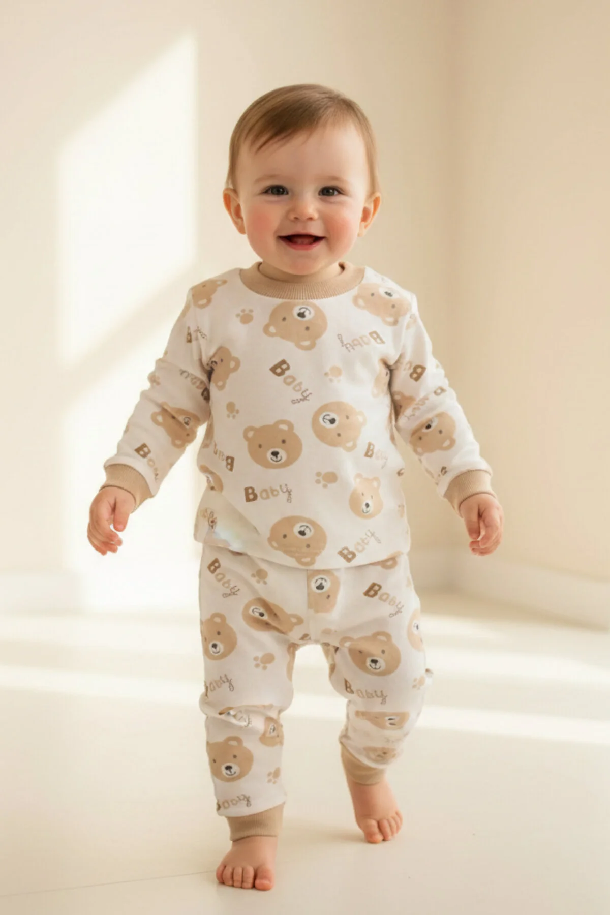 Sevimli Ayıcık Desenli % 100 Pamuk 2'li Bej Unisex Çocuk Pijama Takımı