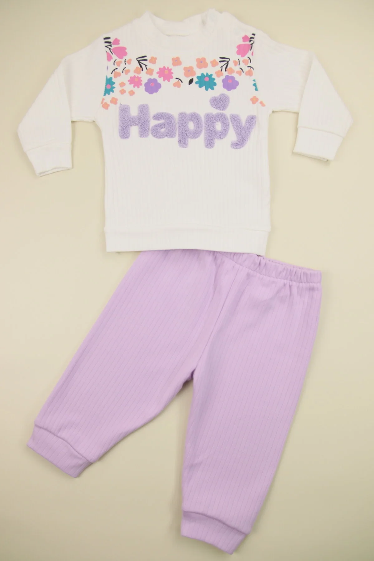 Çiçek Desenli Happy Kabartmalı Yaka Çıtçıtlı Fitilli Kumaş % 100 Pamuk Kız Bebek Takım