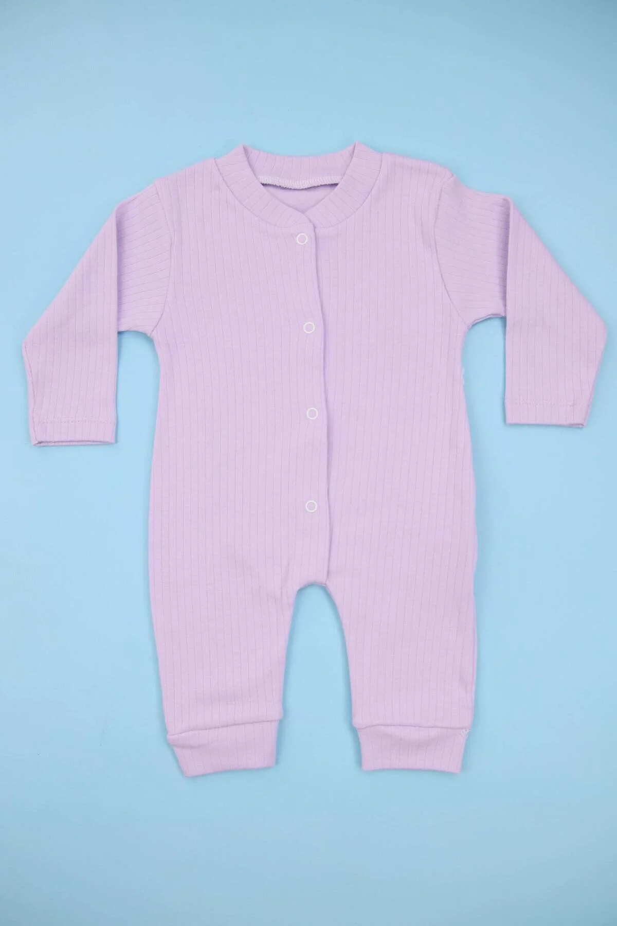 Fitilli Kumaş %100 Pamuk Lila Manşetli (Patiksiz) Kız Bebek Tulum