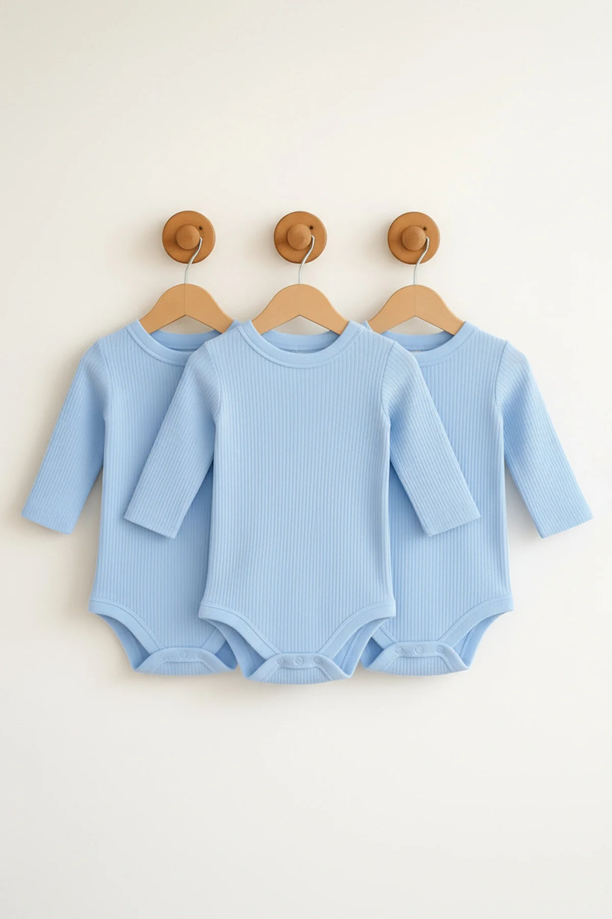 Fitilli Kumaş %100 Pamuk Uzun Kollu Çıtçıtlı 3'lü Mavi Bebek Body/Zıbın