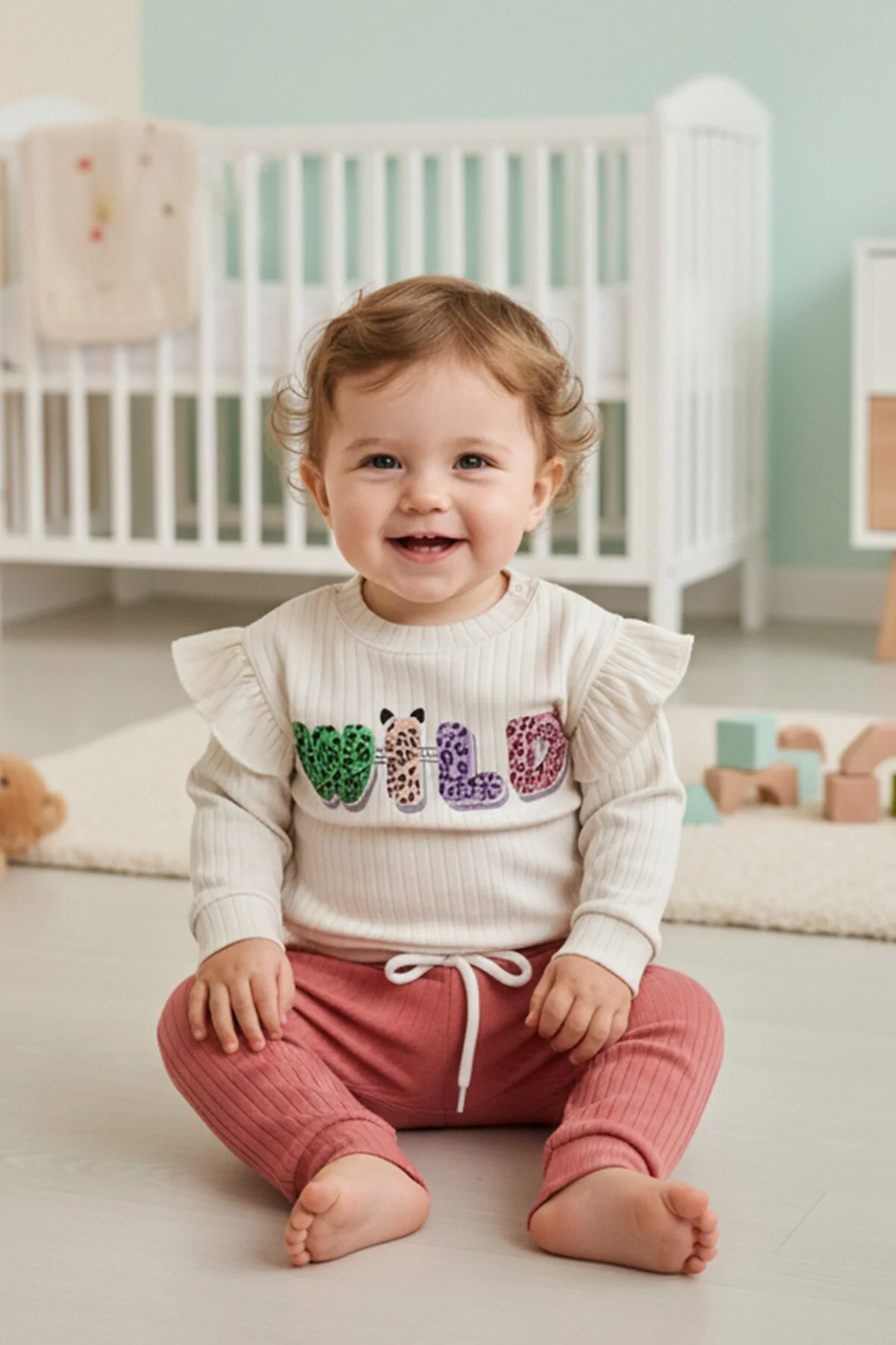 Fitilli Kumaş % 100 Pamuk Omuzdan Çıtçıtlı Wild Baskılı Kız Bebek Takım 12-18-24 Ay
