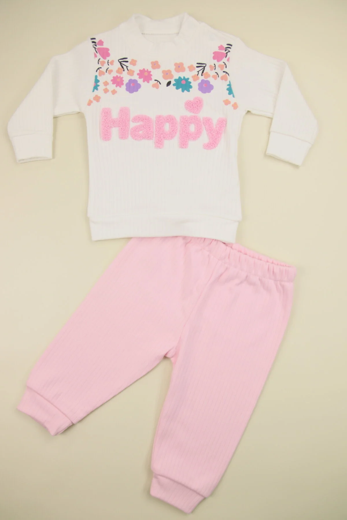 Çiçek Desenli Happy Kabartmalı Yaka Çıtçıtlı Fitilli Kumaş % 100 Pamuk Kız Bebek Takım