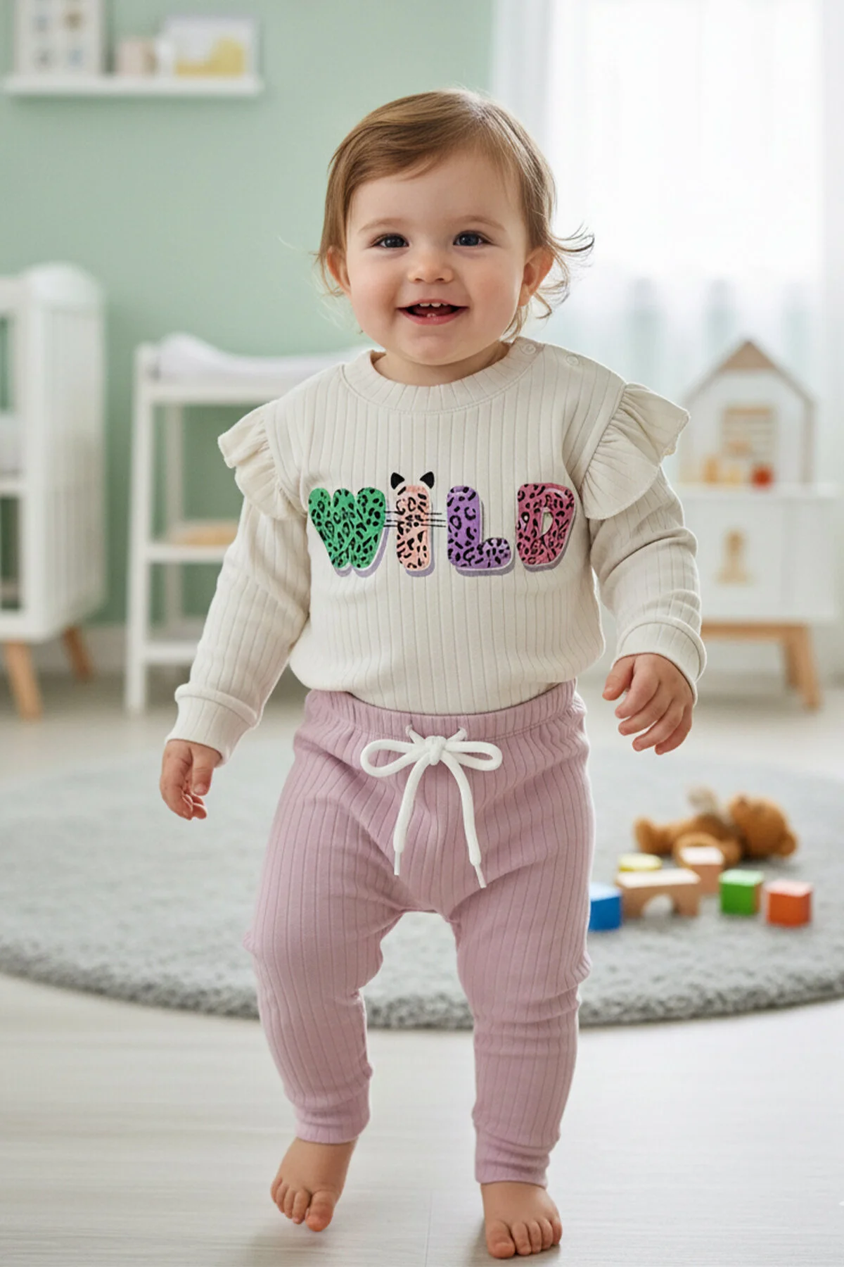 Fitilli Kumaş % 100 Pamuk Omuzdan Çıtçıtlı Wild Baskılı Kız Bebek Takım 12-18-24 Ay